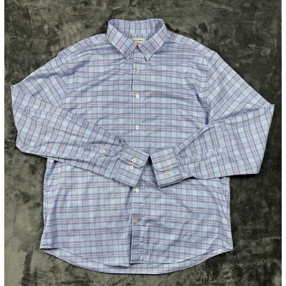 Twillory Untuckable Mens L-XL Blue Orange Plaid Button Down Shirt Tailored Fit